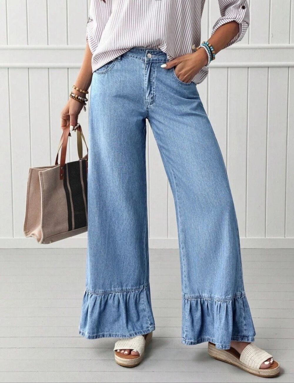 Light Wash Wide Leg Jeans Womens Ruffled Hem High Rise Denim Pants Trendy - Picture 8 of 8